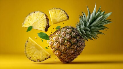 Whole pineapple with three floating slices, vibrant yellow backdrop highlighting juicy textures and scattered fruit bits, ideal for culinary and tropical-themed designs with copy space