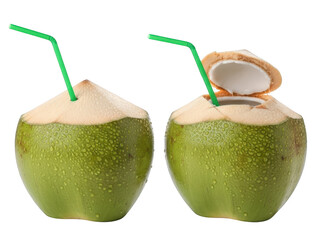 Refreshing coconut drinks with green straws