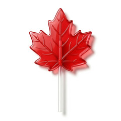 Red maple leaf lollipop on stick isolated on white background, glossy candy shaped as Canadian symbol, minimal food concept with national identity theme