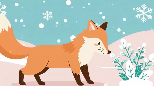 Animated Fox In A Winter Landscape Snowfall With Cartoon Style And Happy Expression