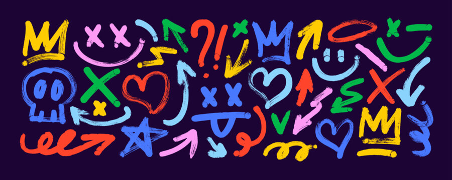 Funky bold brush drawn shapes and punk graffiti illustration. Hand drawn bold arrows, crowns, question mark, star and heart. Abstract vector ink illustration, grunge thick punk clip art.