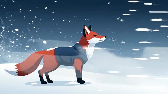Animated Fox In Winter Snowstorm With Hoodie In Cartoon Style On A Snowy Hill