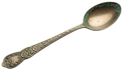 Antique silver spoon with ornate floral handle and tarnish isolated on transparent background