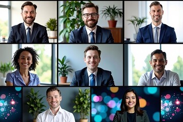 Diverse Professionals Engage in Virtual Conference with Dynamic Visuals