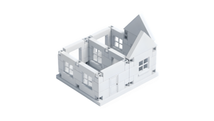 White 3d model of a house frame or skeleton structure built with blocks on transparent background