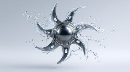 Futuristic 3D illustration of a metallic ball with sharp blade-like impellers, floating and spinning, surrounded by water splashes, creating a dynamic visual effect with copy space