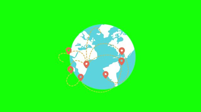 Global earth map with location pins route connection network animation on transparent background.