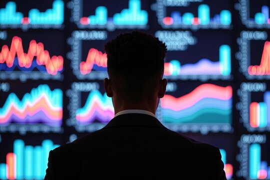 Silhouette of a fashionable African American businessman poised in front of intricate data analytics display - Powered by Adobe