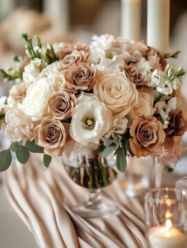Beautiful flower arrangement on a table in a bright room during a special event