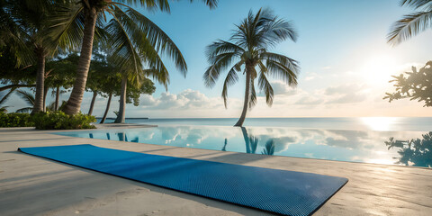 Blue yoga mat on a poolside tropical ocean