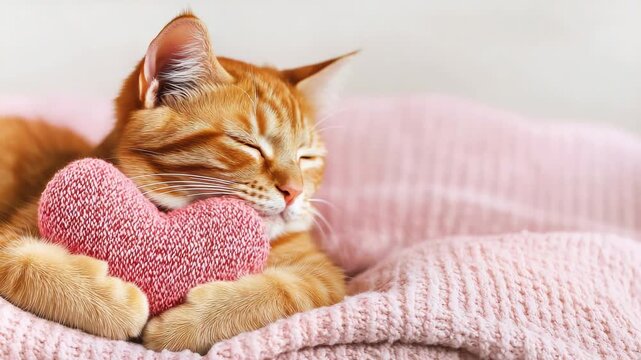 Cute orange cat hugs a heart shaped pillow while resting on soft blanket in cozy space