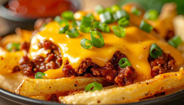 Appetizing chili cheese fries with melted cheese sauce, seasoned chili and fresh green onions