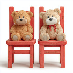 Two cute teddy bears sitting on red wooden chairs &ndash; cozy plush toys for kids room decor