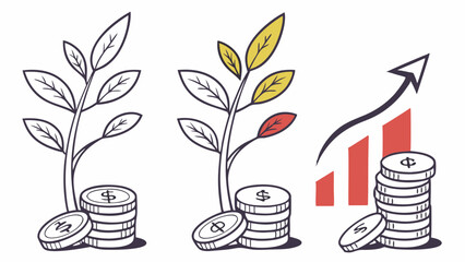 Growing Money Plant Investment Growth Financial Success Stacks Coins Rising Bar Chart for Savings Portfolio Development