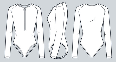 Women Long Sleeve Bodysuit with Front Zipper Technical Fashion Illustration. Raglan Sleeve Swimsuit fashion flat technical drawing template, front, side and back view, white, women CAD mockup. © Liubov Hladka