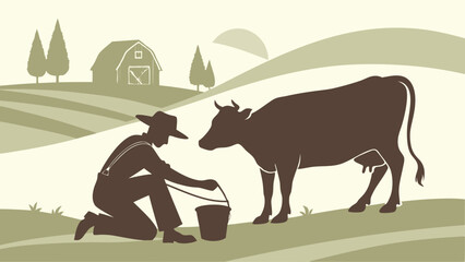 Rustic Farmer Milking Dairy Cow in Field near Barn for Organic Farm Fresh Milk Production Agriculture