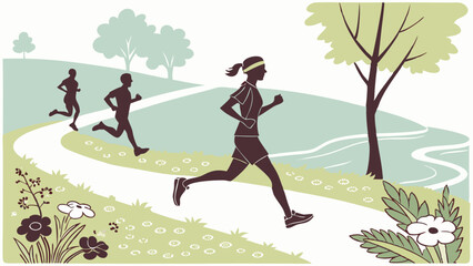 Active Runners Jogging on Sunny Park Trail for Health Fitness Wellness Website Banner or Spring Season Advertisement