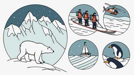 Polar Expedition Icons Set Arctic Wildlife Exploration Travel Adventure Tourism Website Design Elements