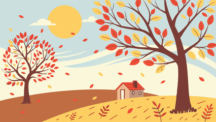 Autumn Landscape with Falling Leaves and Cozy House for Seasonal Greeting Cards Web Banners Seasonal Sales Promotions