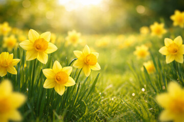 Fototapeta premium Daffodils blooming in a sunny spring garden, floral background for St David's Day celebration.