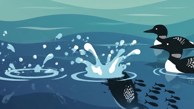 Animated Loons Diving For Fish In A Calm Lake, Illustrative Peaceful Scene, Wildlife, Nature