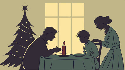 Christmas Family Lighting Candle Silhouette Illustration Cozy Holiday Tradition Parents and Child Dinner Scene