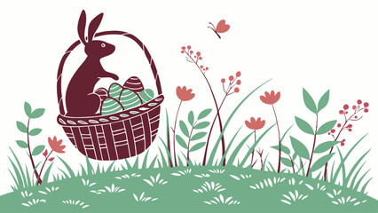 Happy Spring Easter Holiday Banner Design with Stylized Bunny and Eggs in Grass Field Illustration
