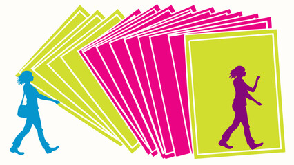 Woman Silhouette Walking Past Stack of Green and Magenta Cards Representing Options Choices and Data Selection Process.