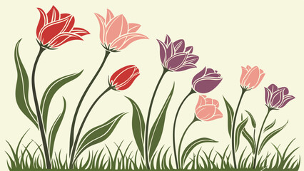 Stylized Spring Tulips Floral Border Vector Illustration Growing In Grass Decorative Design Element For Seasonal Web Backgrounds And Greeting Cards