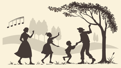 Joyful Family Silhouette Dancing Outdoors Under Tree Vintage Woodcut Style Parents and Children Playing Summer Recreation Illustration