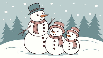 Happy Snowman Family Portrait Winter Scene Christmas Holiday Greeting Card Design Seasonal Marketing and Festive Promotion Background