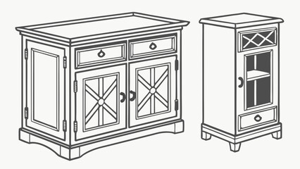 Rustic Farmhouse Furniture Outline Drawing Sideboard and Accent Cabinet Vector Illustration for Interior Design and Home Decor Catalog