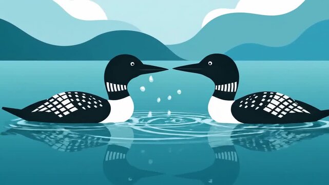 Animated Loons Diving In Clear Water With Mountain Landscape Background Cartoon Style