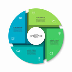 Infographic circle divided into 4 segments. Cycle diagram with four steps. Can be used for business presentation, report, brochure, data visualization, marketing materials. Vector illustration.