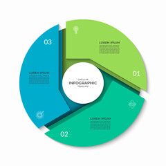 Infographic circle divided into 3 segments. Cycle diagram with three steps. Can be used for business presentation, report, brochure, data visualization, marketing materials. Vector illustration.