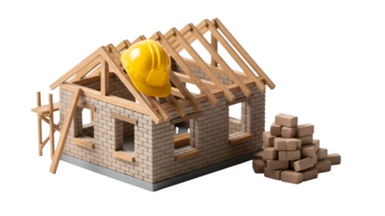 Miniature house under construction with yellow hard hat and stack of bricks isolated on transparent background