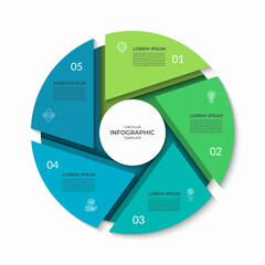 Infographic circle divided into 5 segments. Cycle diagram with five steps. Can be used for business presentation, report, brochure, data visualization, marketing materials. Vector illustration.
