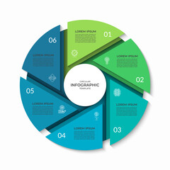 Infographic circle divided into 6 segments. Cycle diagram with six steps. Can be used for business presentation, report, brochure, data visualization, marketing materials. Vector illustration.