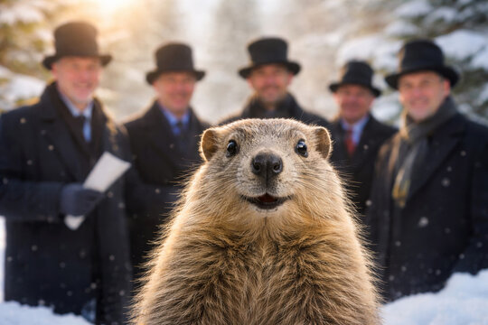 Groundhog looking at camera with men in top hats in a snowy forest, Groundhog Day celebration concept.