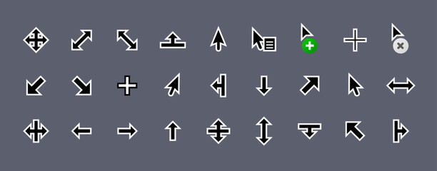 Black and white mouse cursor icon set, UI navigation pointers collection, Operating system computer arrow symbols, Desktop interface directional graphics, Vector cursor pack