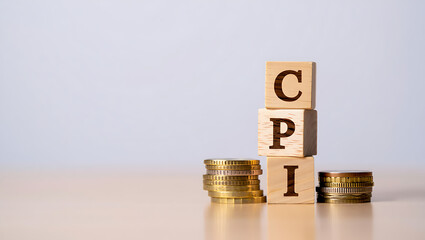 CPI inflation rate concept with wooden blocks and coins on table transparent background