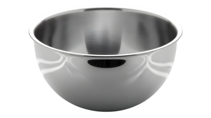 Stainless steel mixing bowl for kitchen use, professional grade cooking utensil isolated on transparent background