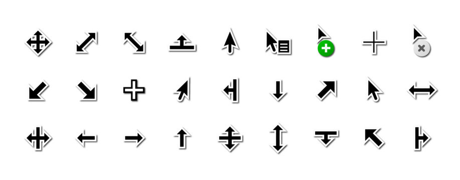 Black and white mouse cursor icon set with drop shadows, UI navigation pointers collection, Operating system computer arrow symbols, Desktop interface directional graphics, Vector cursor pack