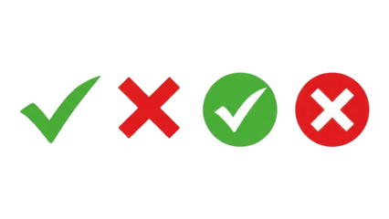 Set of green check marks and red x signs in various styles on transparent background