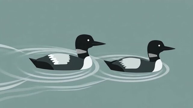 Animated Loons Gracefully Swimming On Still Water Illustration Perfect For Relaxation
