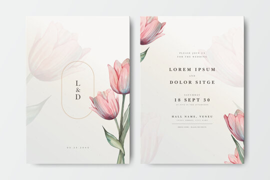 Tulip flower watercolor wedding invitation card set template

