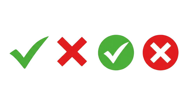 Set of green check marks and red x signs in various styles on transparent background