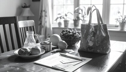 White tote bag and bowl of fruits on kitchen table