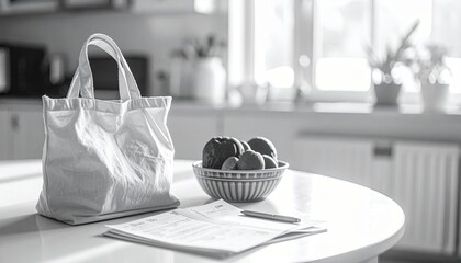 White tote bag and bowl of fruits on kitchen table