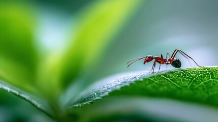 Macro shot of a single ant on a green leaf with a shallow depth of field